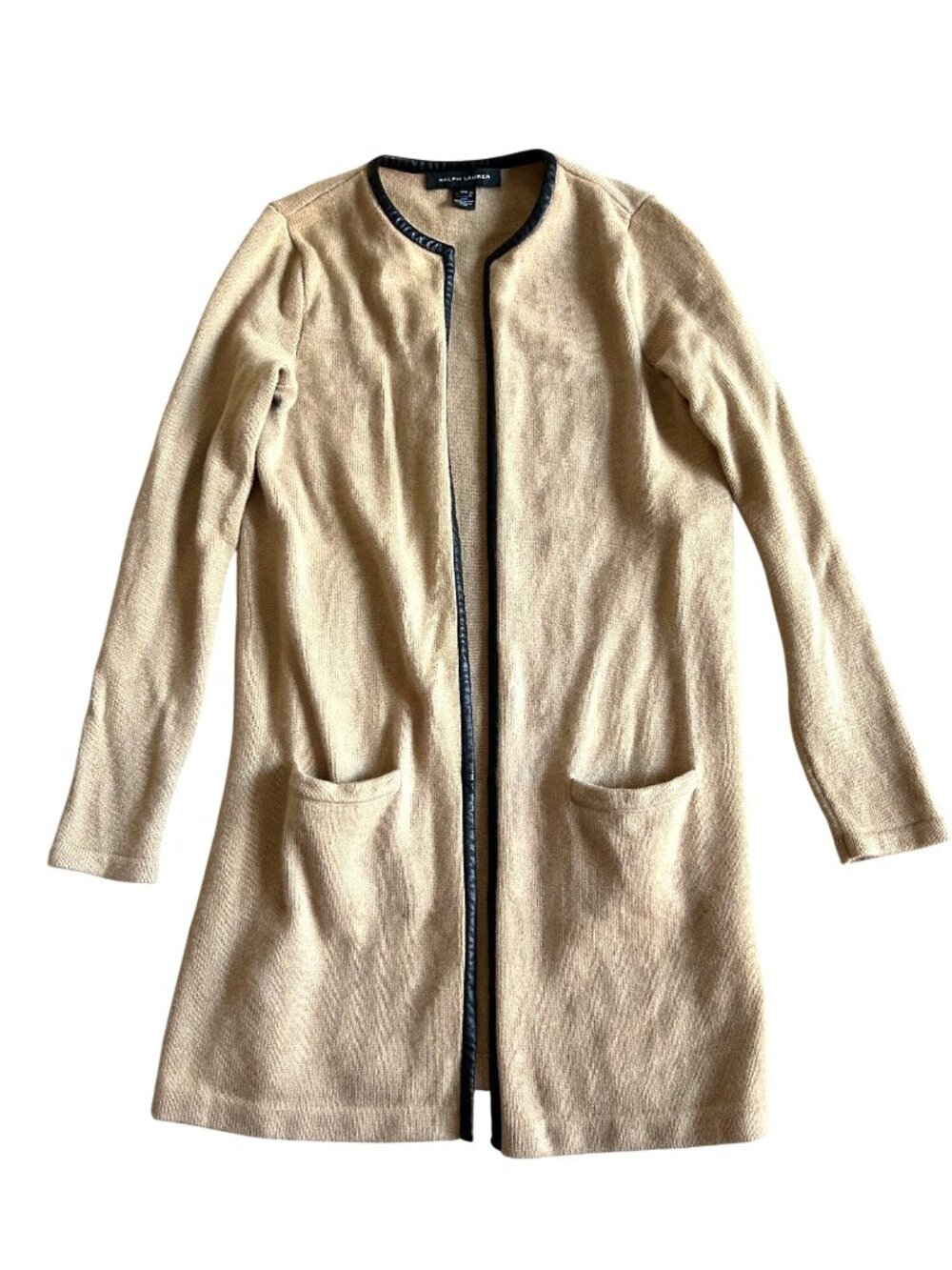 Ralph Lauren Women's Sz Medium Open Front Cardigan 100% Cashmere Leather Trim